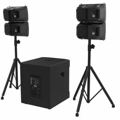 Conjunto de colunas de som com subwoofer e suportes tripé