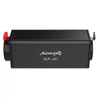 Adaptador ou conector eletrónico preto com texto AUDIBAX XLR-J01 e botões vermelho e metálico
