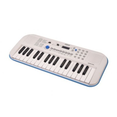 Teclado musical branco com teclas pretas e brancas e botões azuis e cinzentos