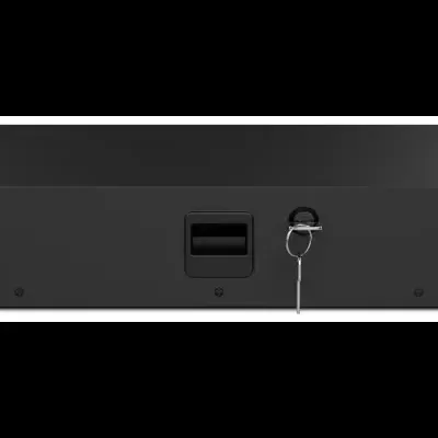 Caixa de metal preto com fechadura e chave