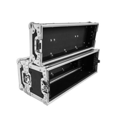 Mala de transporte preta e metálica com duas secções abertas empilhadas