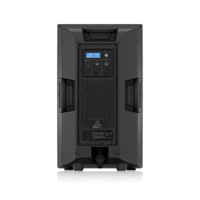 Coluna de som profissional preta vista de trás com painel de controlo e alças laterais.