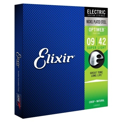 Caixa azul de cordas para guitarra elétrica Elixir OPTIWEB Super Light 09-42