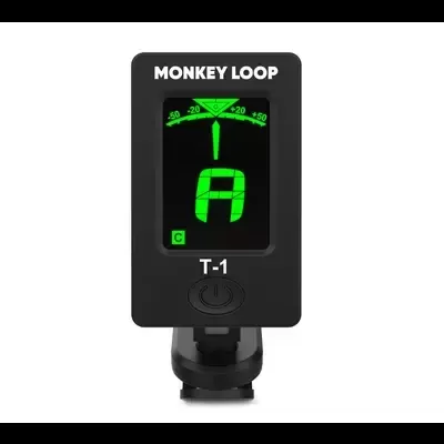 Afinador eletrónico preto com visor digital verde e texto MONKEY LOOP