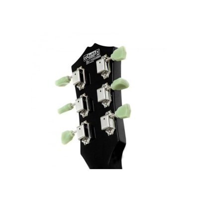 Cabeça de guitarra preta com seis tarraxas metálicas e botões verdes claros