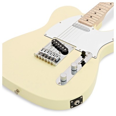 Guitarra elétrica creme com braço de madeira clara e escudo branco