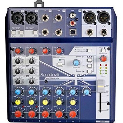 Mesa de mistura Soundcraft Notepad-8FX azul com botões coloridos e entradas XLR