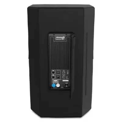 Coluna preta com painel traseiro de controlo e conexões