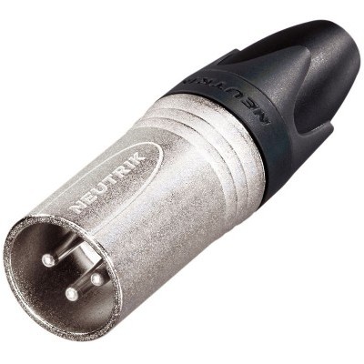 Conector áudio XLR macho metálico prateado com parte preta