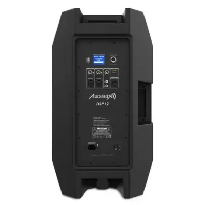 Coluna de som preta Audibax DSP12 vista de trás com entradas e painel de controlo