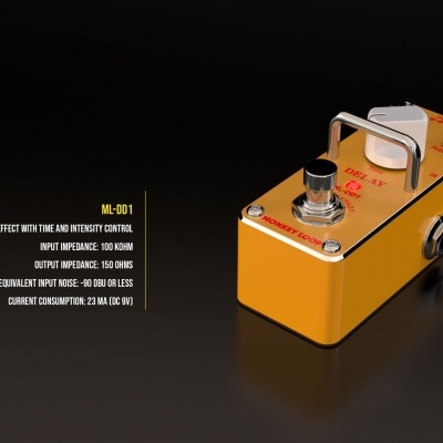 Pedal de efeito musical amarelo com texto técnico ao lado