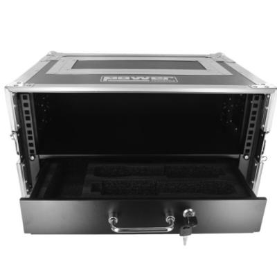 Estojo rígido preto com gaveta aberta e espuma interior