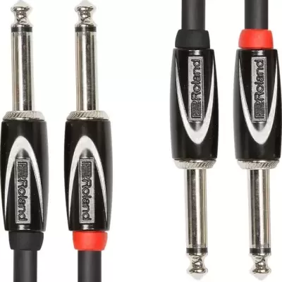 Dois cabos áudio com pontas jack 6,35 mm, pretas com anel vermelho, marca Roland