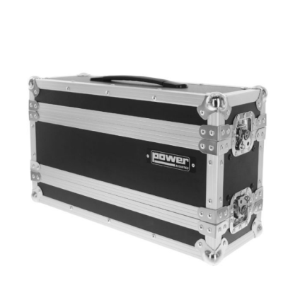 Caixa rígida de transporte preta com cantos metálicos e logotipo POWER ACOUSTICS