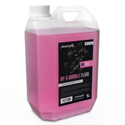 Recipiente plástico com líquido rosa e etiqueta preta BF-5 Bubble Fluid