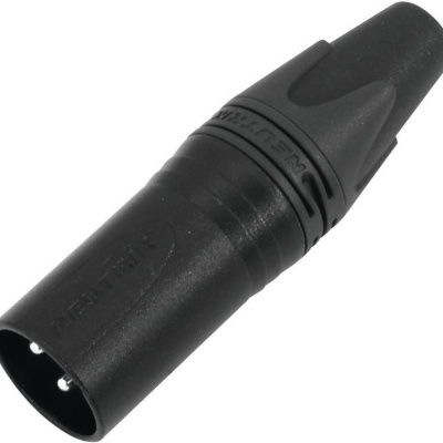 Conector macho preto com três pinos e texto BURNDY e NEW-UTTERWAY