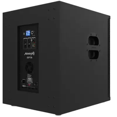 Subwoofer ativo preto com painel traseiro e pega lateral embutida