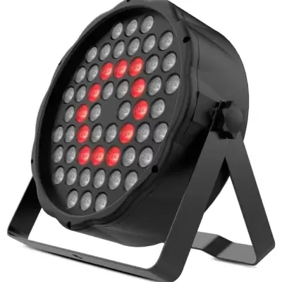 Refletor LED redondo preto com LEDs vermelhos e cinzentos, suporte metálico em U