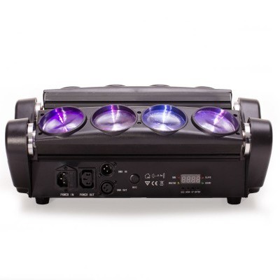 Projetor de luz LED preto com quatro lentes redondas e luzes azuis e roxas