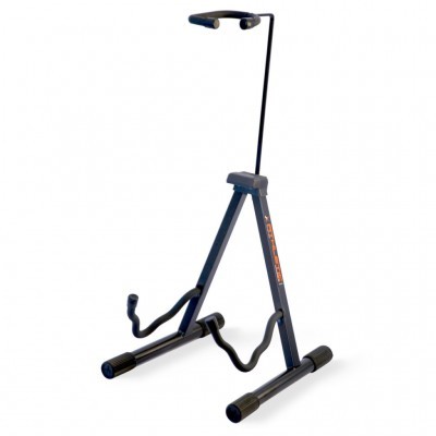 Suporte metálico preto para guitarra com apoio para o braço