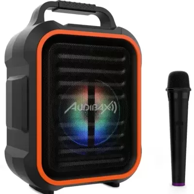 Coluna de som portátil preta com moldura laranja e microfone preto