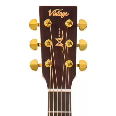 Cabeça de guitarra acústica com tarraxas douradas e inscrições Vintage e M SERIES