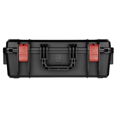 Caixa de ferramentas preta com travas vermelhas e alça central