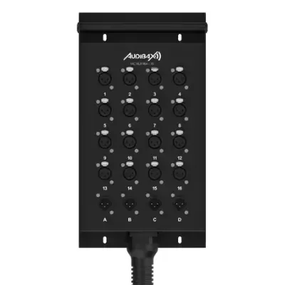Painel preto de conectores de áudio Audibax com entradas numeradas