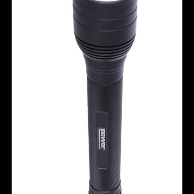 Lanterna preta de metal com texto POWER no corpo sobre fundo branco