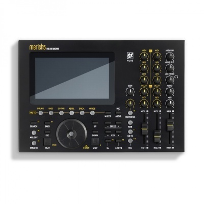 Interface de mistura de áudio Merish5 preta com botões amarelos e ecrã grande