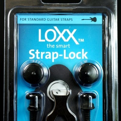 Kit LOXX Strap-Lock para correias de guitarra em embalagem azul