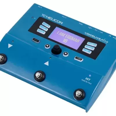 Pedaleira azul TC-Helicon VoiceLive Play com ecrã digital e botões