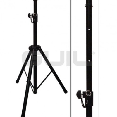 Tripé preto de metal com três pernas e parafuso de fixação