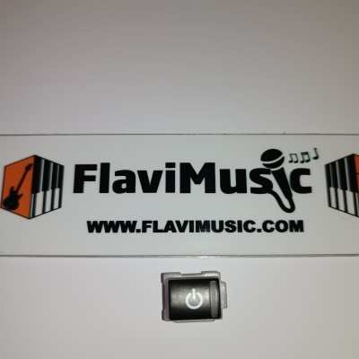 Autocolante FlaviMusic com microfone e ícones musicais, botão power cinza em fundo branco