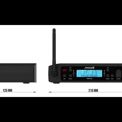 Recetor de áudio wireless preto com antenas e visor digital azul