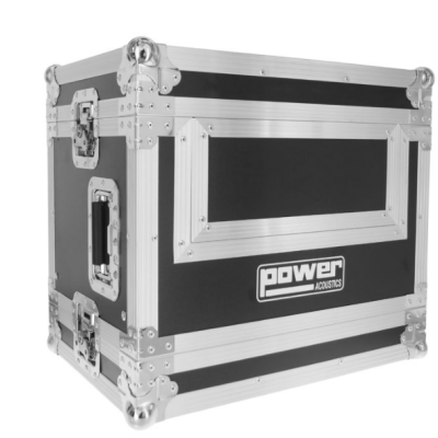 Mala de transporte preta com armação de alumínio prateado e etiqueta Power Acoustics