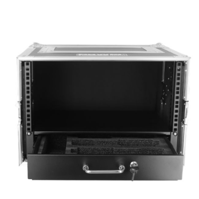 Caixa metálica preta para equipamento eletrónico com gaveta e fechadura