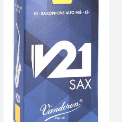 Embala azul de palhetas para saxofone alto Vandoren V21 SAX com texto e imagem do saxofone.