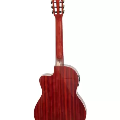 Guitarra clássica castanho-avermelhada vista de trás