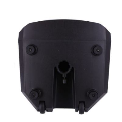 Peça plástica preta com rodízios e pontos de fixação para equipamento.