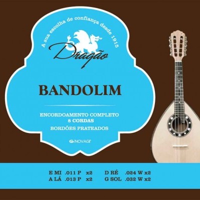 Embalagem azul com texto e especificações de cordas para bandolim da marca Dragão