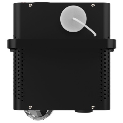 Projetor preto com botão circular branco e perfurações laterais