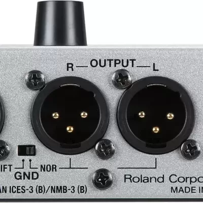 Painel traseiro de equipamento áudio Roland com múltiplos conectores jack, XLR, MIDI e entrada DC