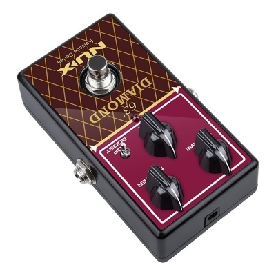 Pedal de guitarra NUFX Resistência Series modelo Diamond 63 preto com tampo castanho e dourado e botões pretos