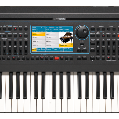 Teclado musical preto com ecrã a cores e várias teclas e botões