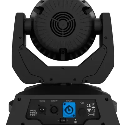 Luz de palco móvel preta vista de trás com conexões DMX e botão de alimentação azul