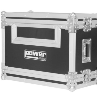 Mala de transporte preta e cinzenta com texto POWER ACOUSTICS