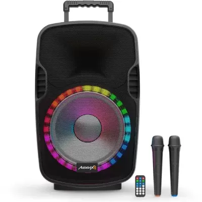 Coluna de som portátil preta com luzes LED coloridas, dois microfones e comando remoto