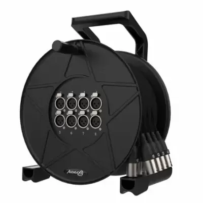 Carretel preto para cabos de áudio com oito entradas XLR e alça