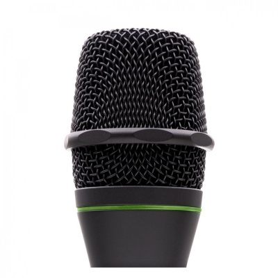 Microfone preto com grelha metálica e linha verde